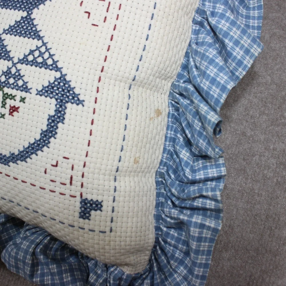 Vintage Handmade Cross Stitch Throw Pillow Blue Gingham Ruffle Country Farmhouse